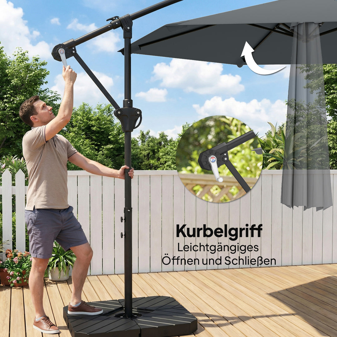 Fritstående parasol ca. Ø300 cm, solskærm med låsemekanisme, håndsving, stativ, vægte, mørkegrå