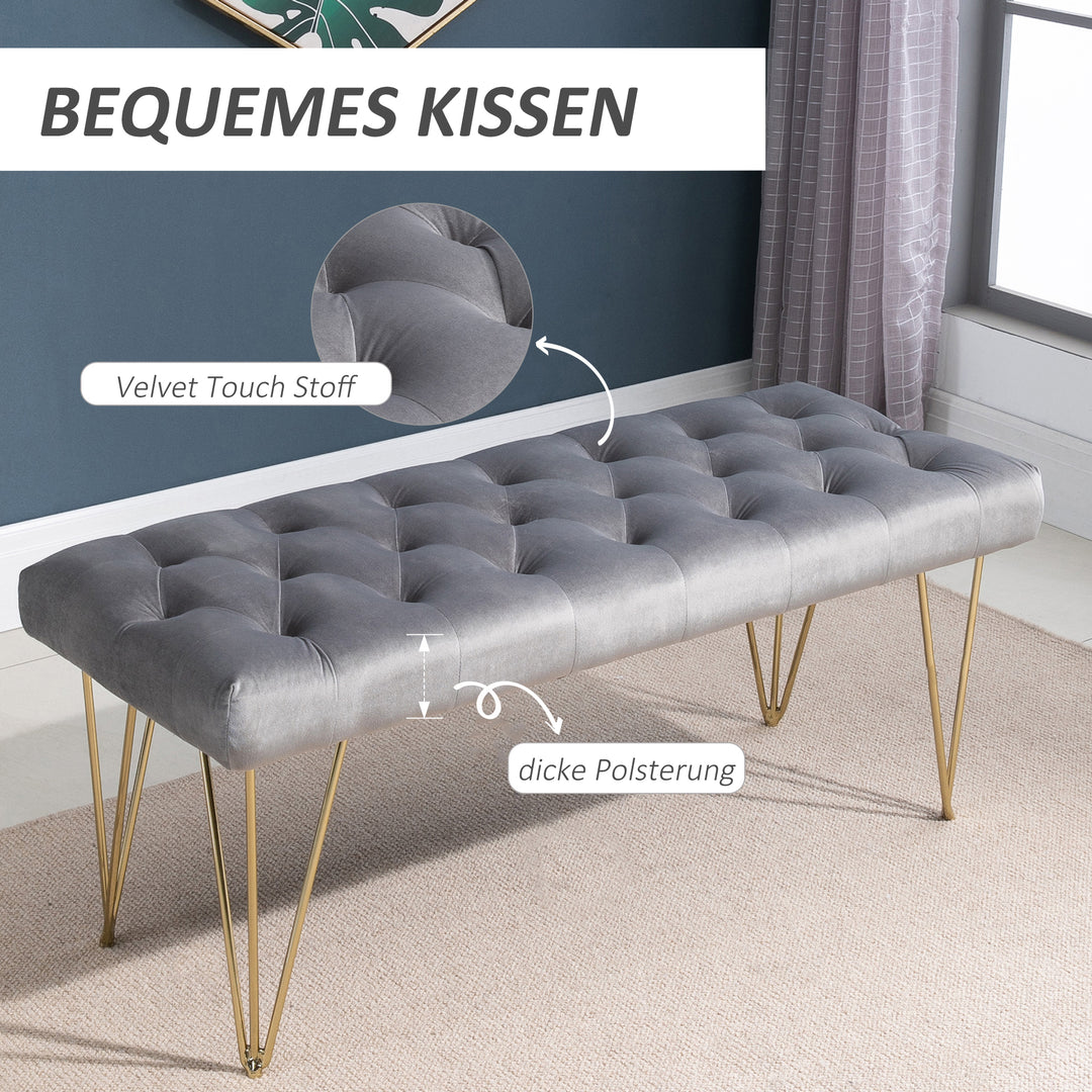 Bænk polstret bænk klaverbænk skobænk med fløjlslook sengebænk klaverbænk til soveværelse, stue, entré, metalgrå 116 x 44,5 x 49 cm