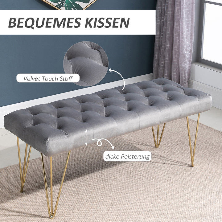 Bænk polstret bænk klaverbænk skobænk med fløjlslook sengebænk klaverbænk til soveværelse, stue, entré, metalgrå 116 x 44,5 x 49 cm