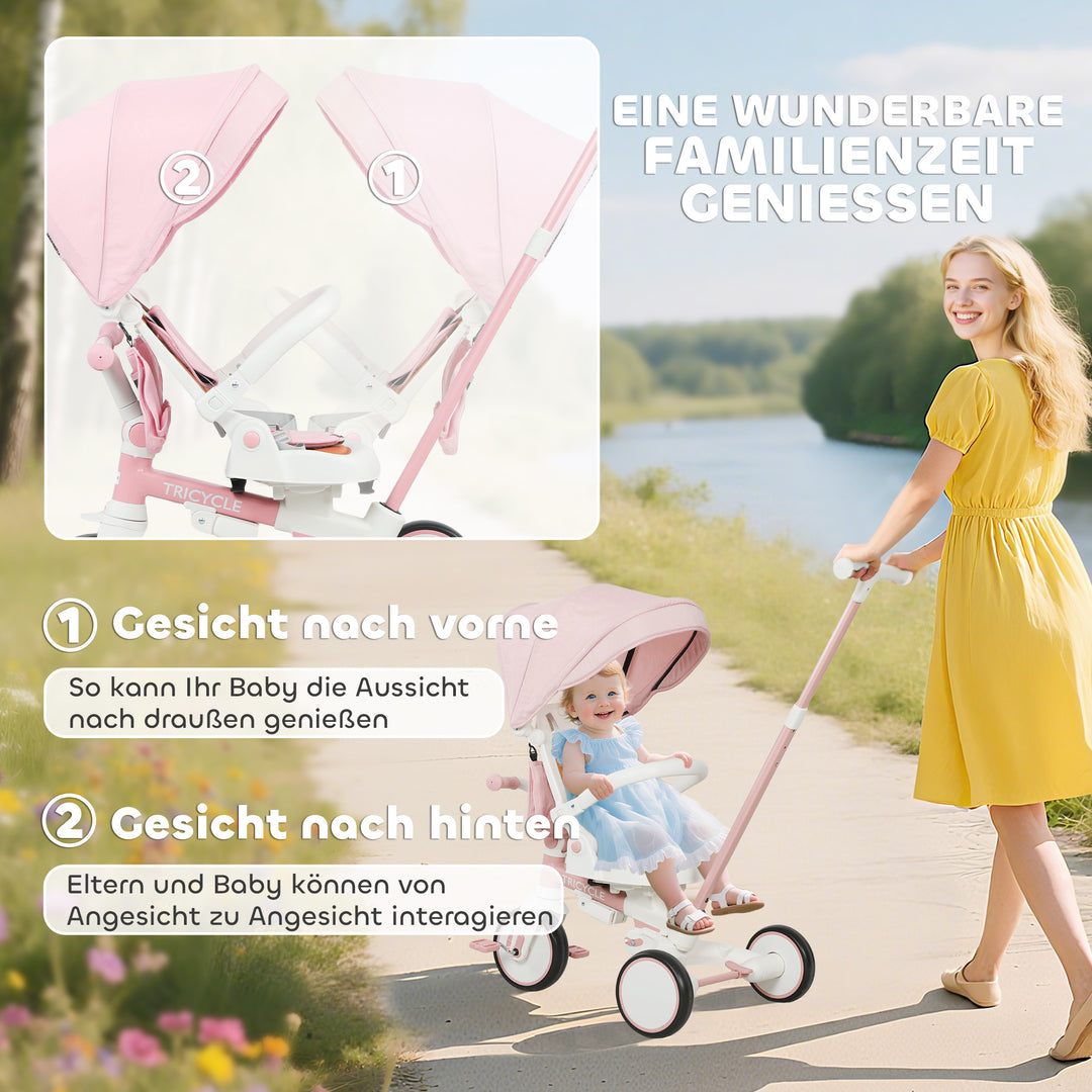 Børnetrecykel, konvertibel babyvogn, 5-i-1 design, aftageligt skubbehåndtag, justerbar, sikkerhedssele, opbevaringstaske, 1-3 år, pink