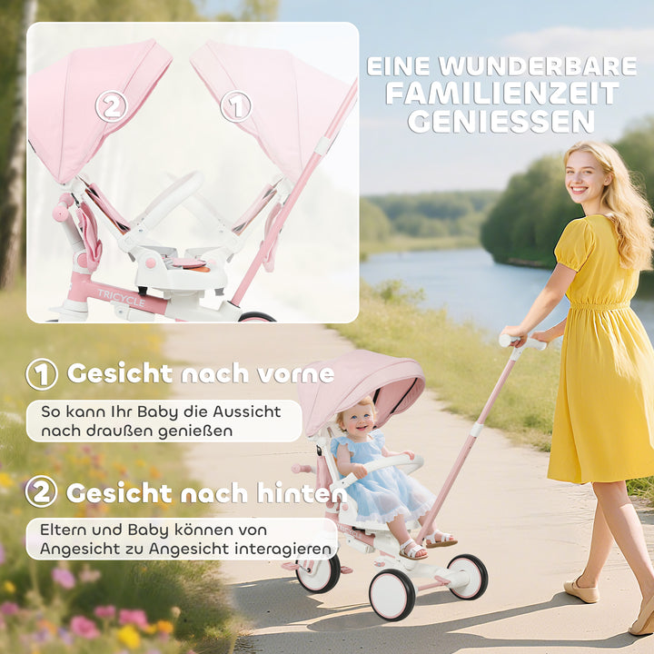 Børnetrecykel, konvertibel babyvogn, 5-i-1 design, aftageligt skubbehåndtag, justerbar, sikkerhedssele, opbevaringstaske, 1-3 år, pink