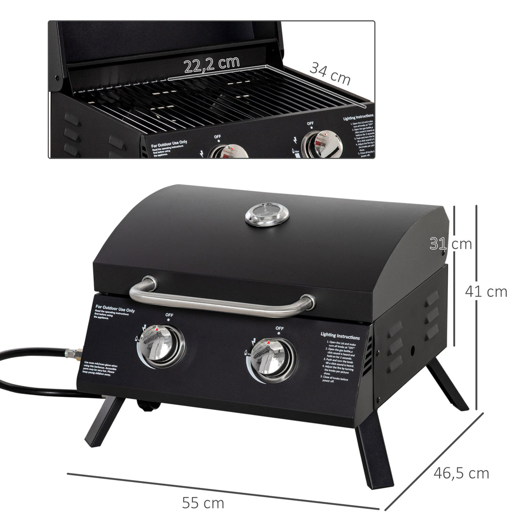 Bordgasgrill med 2 brændere, mobil grillvogn, grillnet, lille udendørs bordgasgrill til picnic, med trykregulator, slange, rustfrit stål, sort, 55 x 46,5 x 41 cm