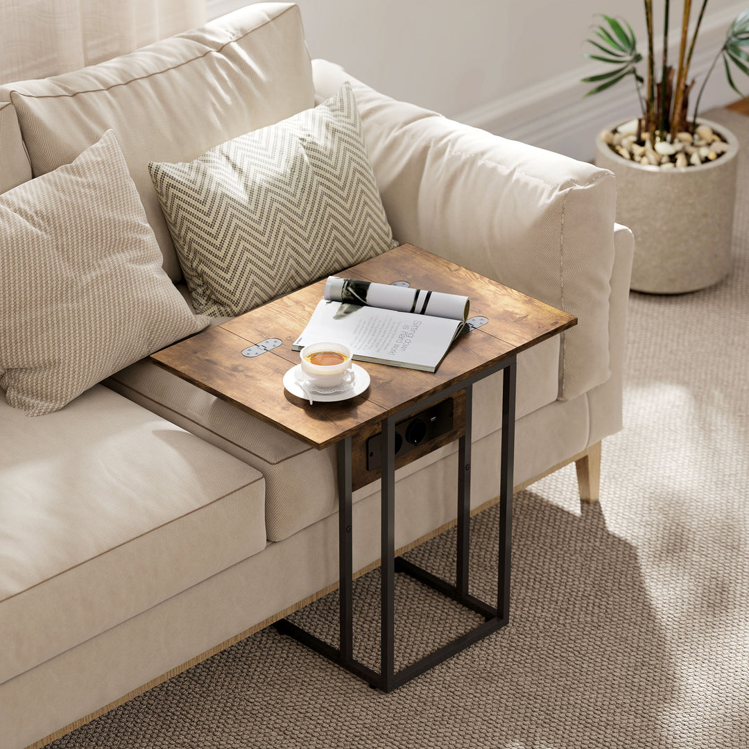 Sammenklappeligt sidebord, ladestation med USB-porte, metal, 39 x 29 x 57 cm, brun