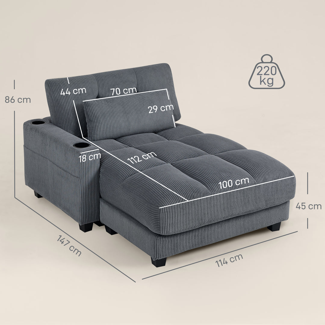 Sovesofa med hynder, skum, kan laves om til en seng, kopholder, grå