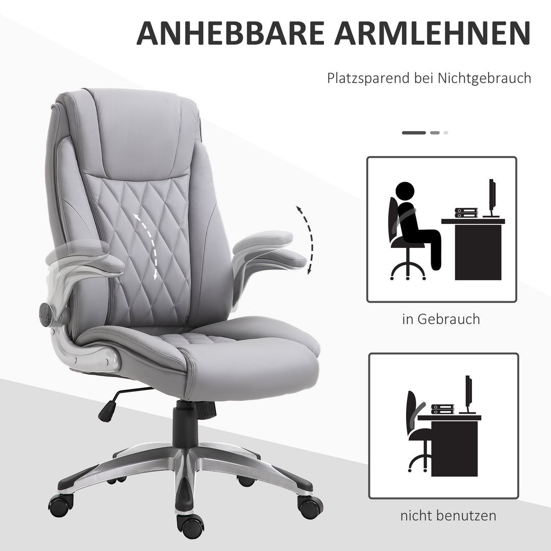 Kontorstol, ergonomisk drejestol, computerstol med vippefunktion, højdejusterbar med nakkestøtte og polstrede armlæn, kunstlæder, grå, 70 x 71 x 113–121 cm