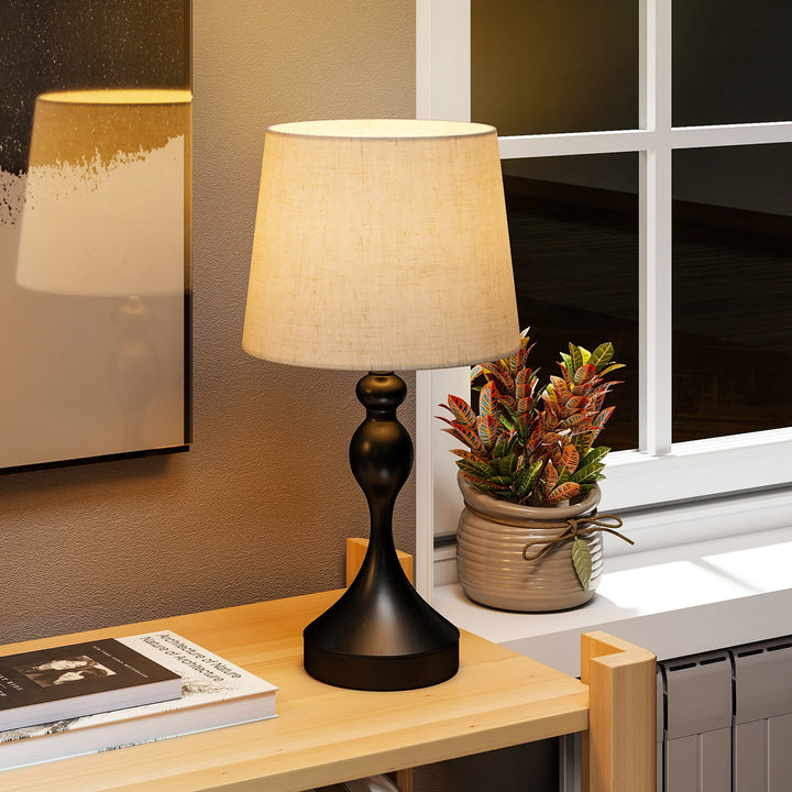 LED-bordlampe med 3 farvetemperaturer, sengelampe med USB A+C-opladeporte, skærm i linned, sort