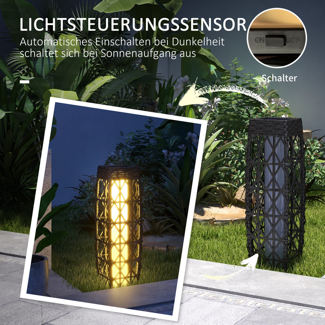 Rattan udendørslampe, solcelledrevet havelampe, automatisk tænding, LED, vejrbestandig, metalramme, 20 x 20 x 68 cm, grå