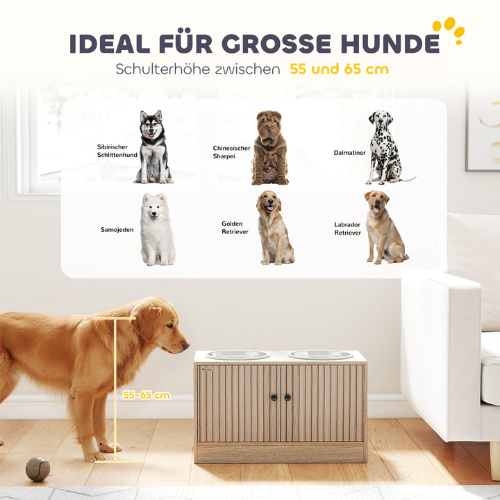 Hundefoderstation med 2 skåle i rustfrit stål, redskabsskab, til store hunde, tilbehør, træ