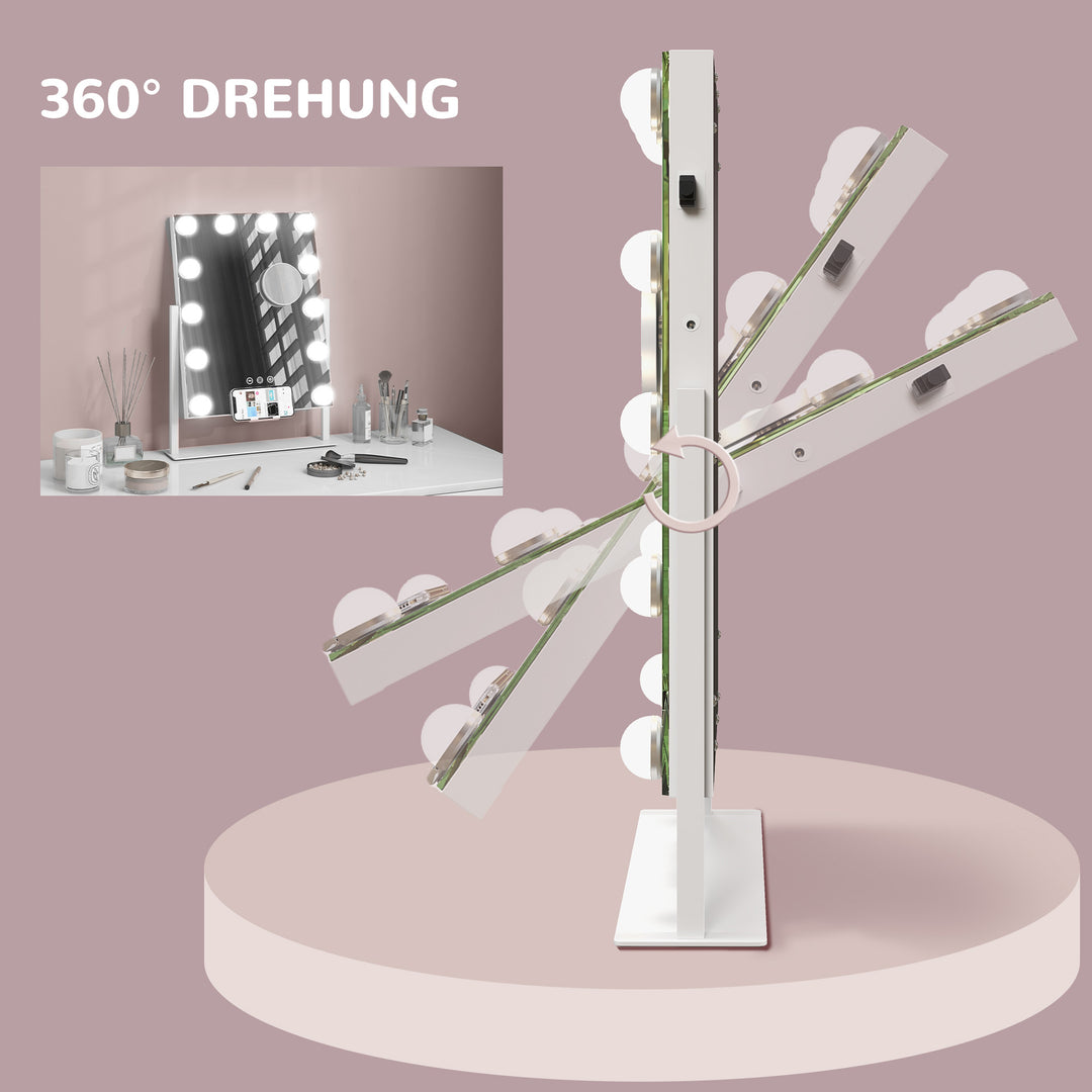 Led-kosmetikspejl, 3 lysindstillinger, dæmpbar, touch-betjening, usb, 37 x 46 cm, hvid