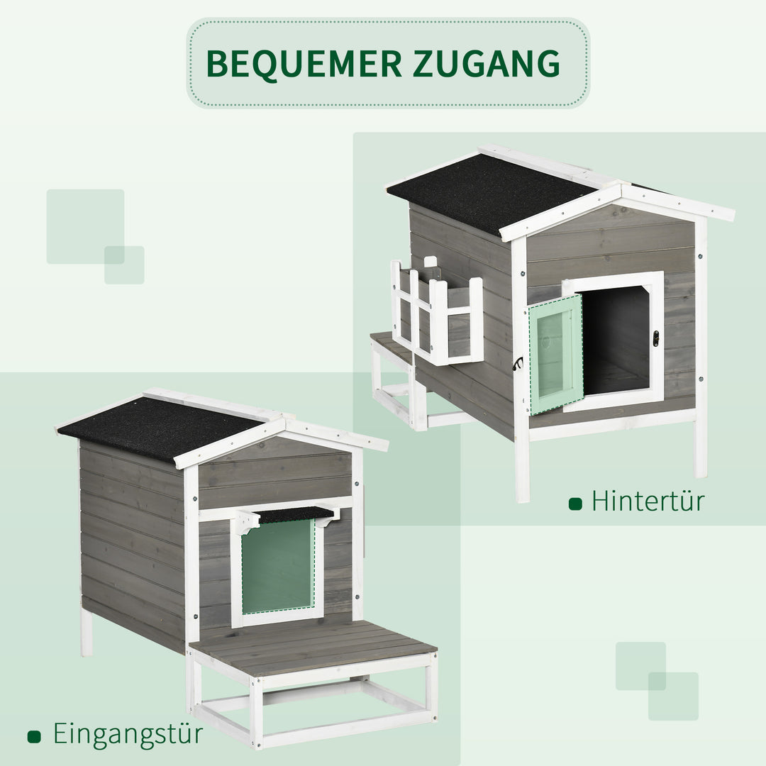 Trækattehus, vintertæt, vandtæt, kattehus med asfalttag, terrasse, kattehule, kattekasse, udendørs ly til udendørs brug, have, balkon, 115 x 66,5 x 74,7 cm, grå + hvid