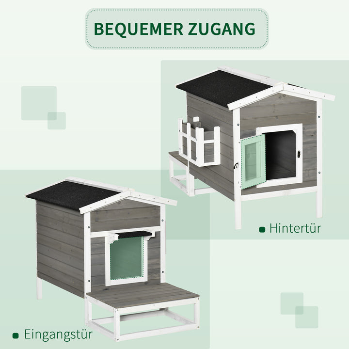 Trækattehus, vintertæt, vandtæt, kattehus med asfalttag, terrasse, kattehule, kattekasse, udendørs ly til udendørs brug, have, balkon, 115 x 66,5 x 74,7 cm, grå + hvid