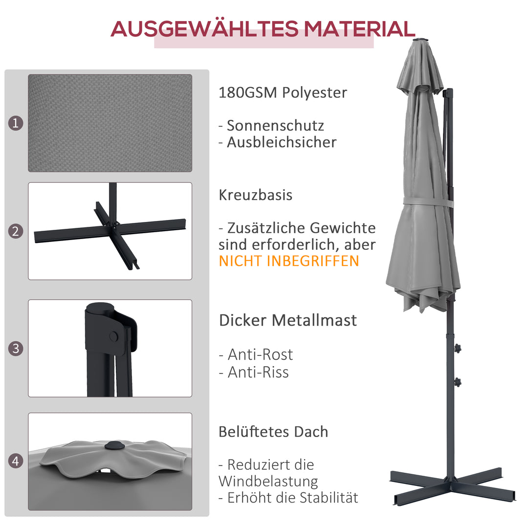 Ø3 m cantilever parasol, vipbar, drejelig, håndsving, vindfang, metalmast, mørkegrå