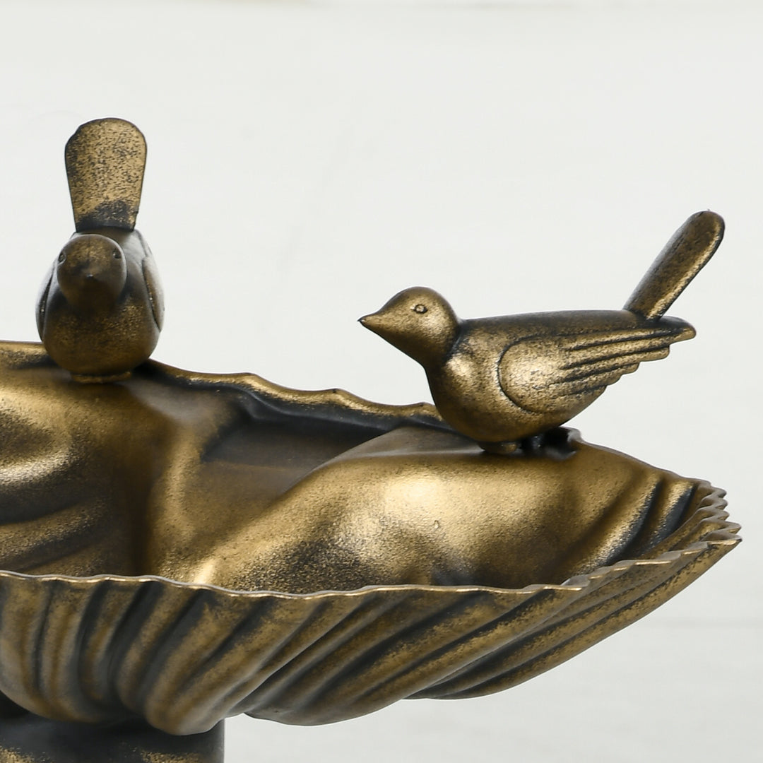 Fuglebad med statuer, 2 bassiner, plastik, antikt look, 49,5L x 38B x 81H cm, bronzefarvet