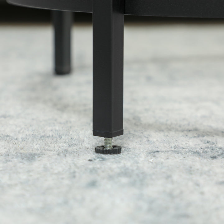 Rundt sidebord med glasplade og metalstel, lille sofabord til stue, soveværelse, sort