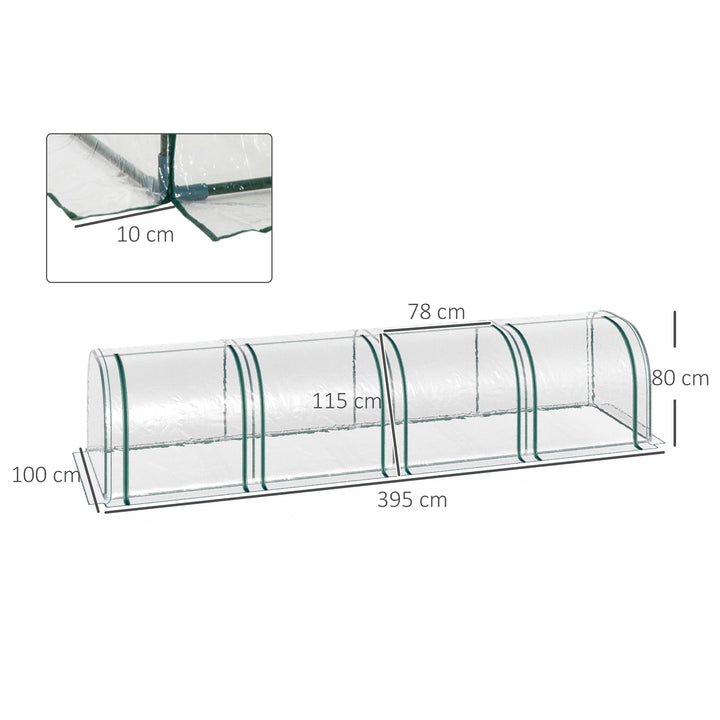 Tunneldrivhus, 4 vinduer med lynlåse, stålramme, robust presenning, transparent, 395 x 100 x 80 cm