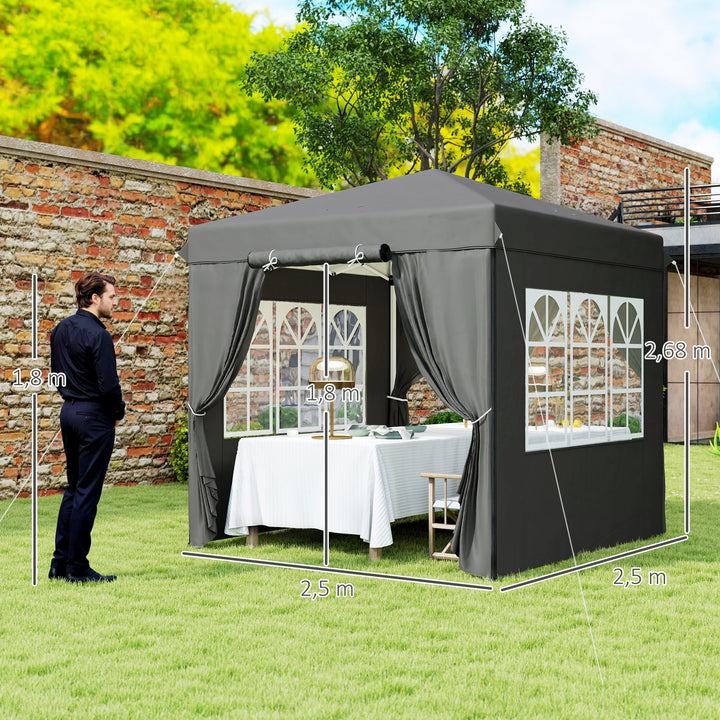 2,5 x 2,5 m pop-up pavillon med sidevægge og bæretaske, UPF50+ højdejusterbart havetelt, mørkegrå