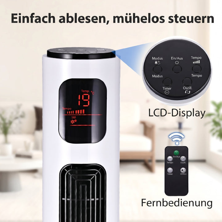 Tårnventilator med fjernbetjening, 96 cm søjleventilator, 45 W standerventilator med LED-display, 70° oscillation, 3 tilstande, timer, 3 hastigheder, hvid