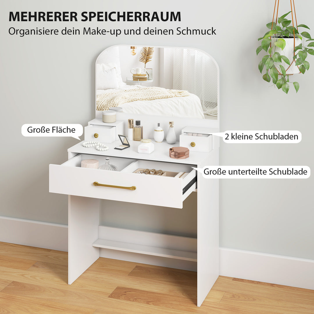 Toiletbord med spejl, kompakt toiletbord med 3 skuffer, hvid
