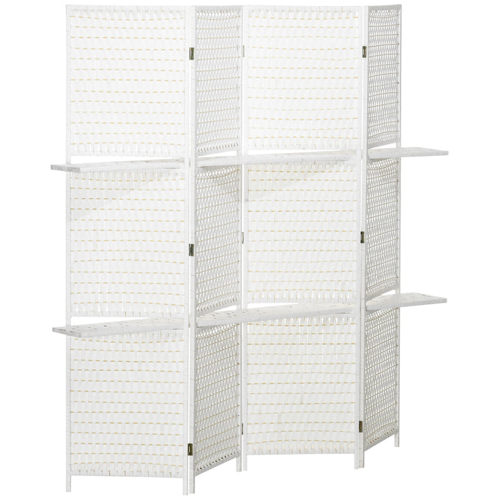 4-panels foldeskærm, 181 x 180 cm, med 2 hylder, lavet af fyrretræ og bambus, til soveværelser, hvid