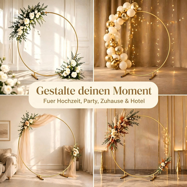 2m rund ballonbue med blomstermønster, guldfod, ramme, bryllup, ny