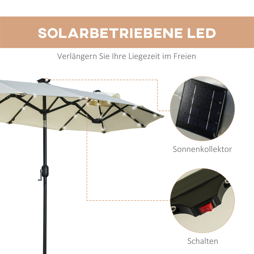 Dobbelt parasol, terrasseparasol, vipbar, med solpanel, 35 LED'er, stålramme, beige, 2,92 x 1,50 x 2,18 m