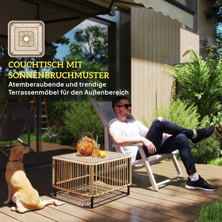 Havebord i polyrattan, 65 x 65 x 43 cm, vejrbestandigt sidebord firkantet med glasplade i naturtræ