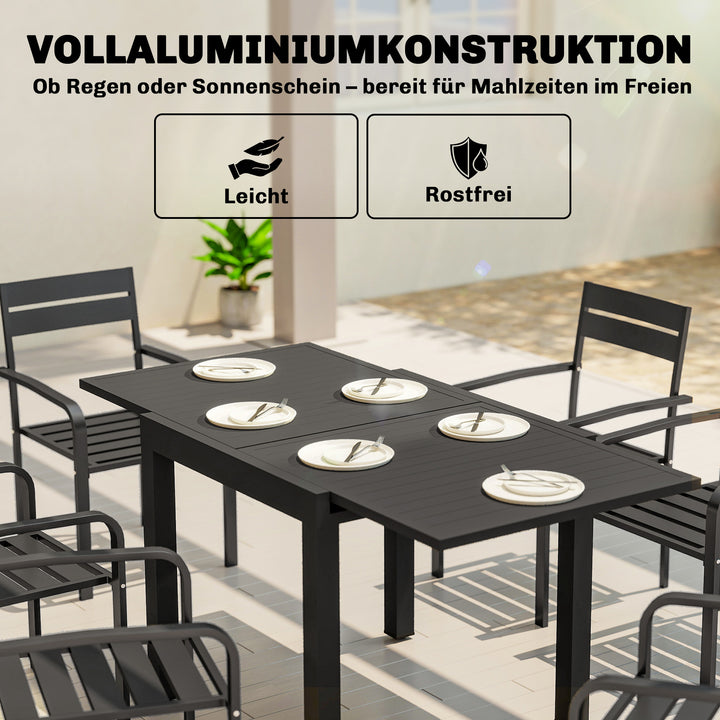 Udtrækkeligt havebord, 80/160 x 80 cm, aluminiums spisebord til 4-6 personer, rektangulært med lamelplade
