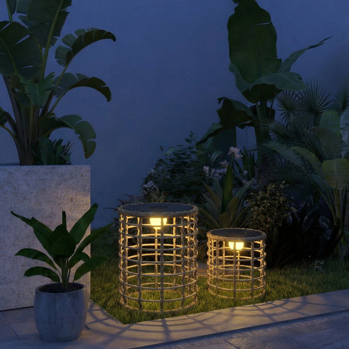 Solcellegulvlampe, sæt med 2, rotting solcellelamper med lyssensor, LED solcellelampe i boho-stil, IP44