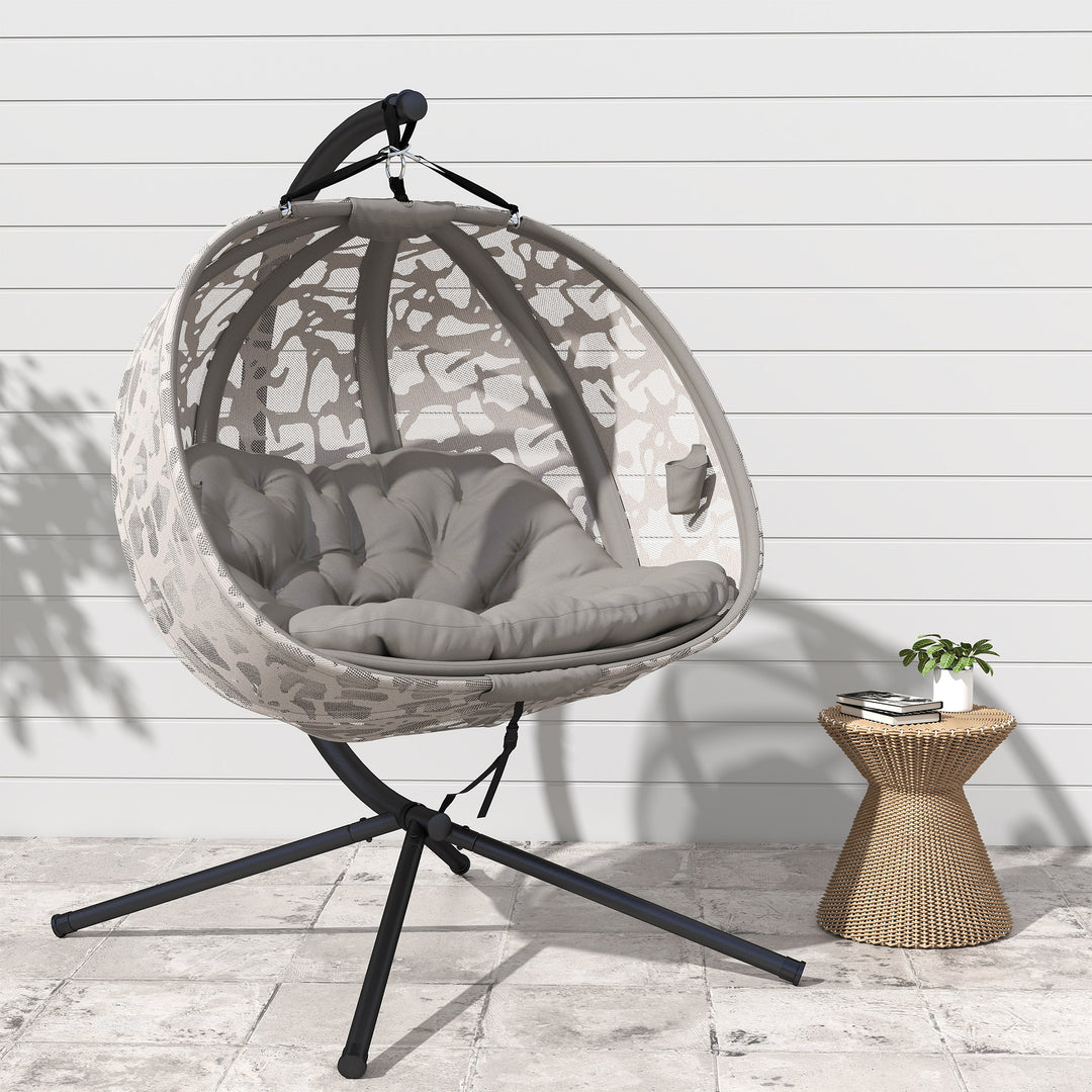 Hængestol til 2 personer, foldbar siddekurv, stor siddehynde, sand, 130 x 103 x 172 cm