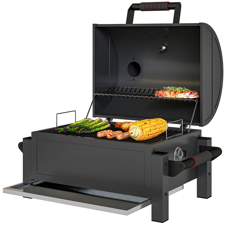 Kulgrill med låg, varmehylde, askeskuffe, termometer, rustfrit stål, 67 x 53 x 55 cm, sort/rød