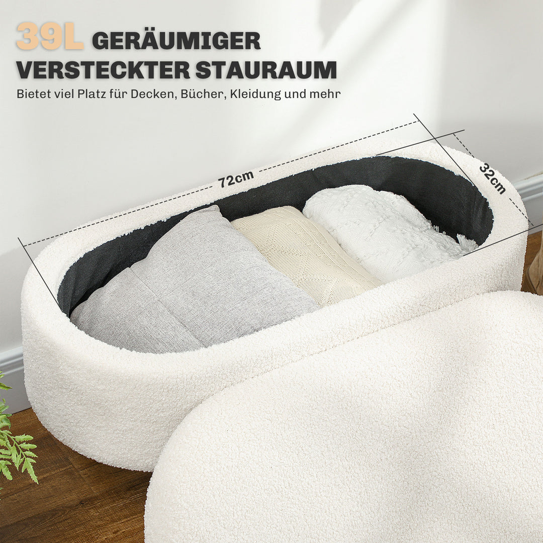 Bænk med opbevaring og låg, fodskammel til entré, stue, soveværelse, træ, stofbetræk, hvid