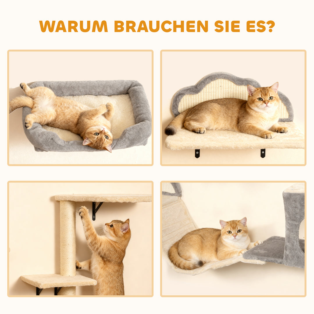 Vægmonteret kradsetræsæt, sisal kradseflader, 4 dele, til 1-3 katte, beige