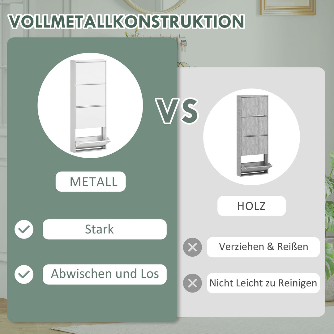 Slim metalskoskab til op til 8 par sko, 4 vippeskuffer, til entré, hvid