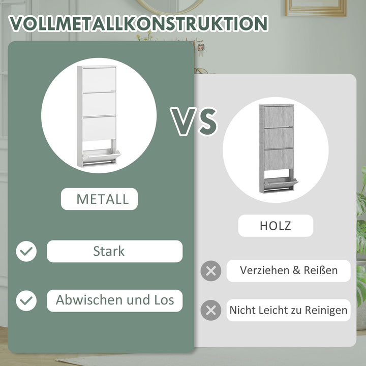 Slim metalskoskab til op til 8 par sko, 4 vippeskuffer, til entré, hvid