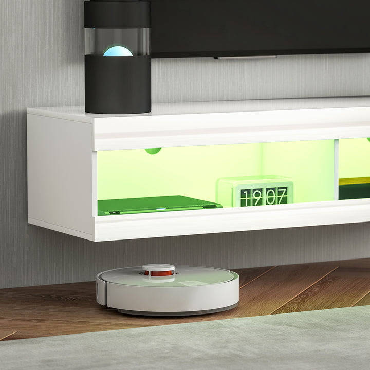 TV-skab, vægmonteret TV-lavbord med RGB LED-belysning i 16 farver, TV-bord med åben opbevaringsplads, til 55-60 tommer TV, til stue, soveværelse, 140 x 40 x 30 cm, hvid højglans
