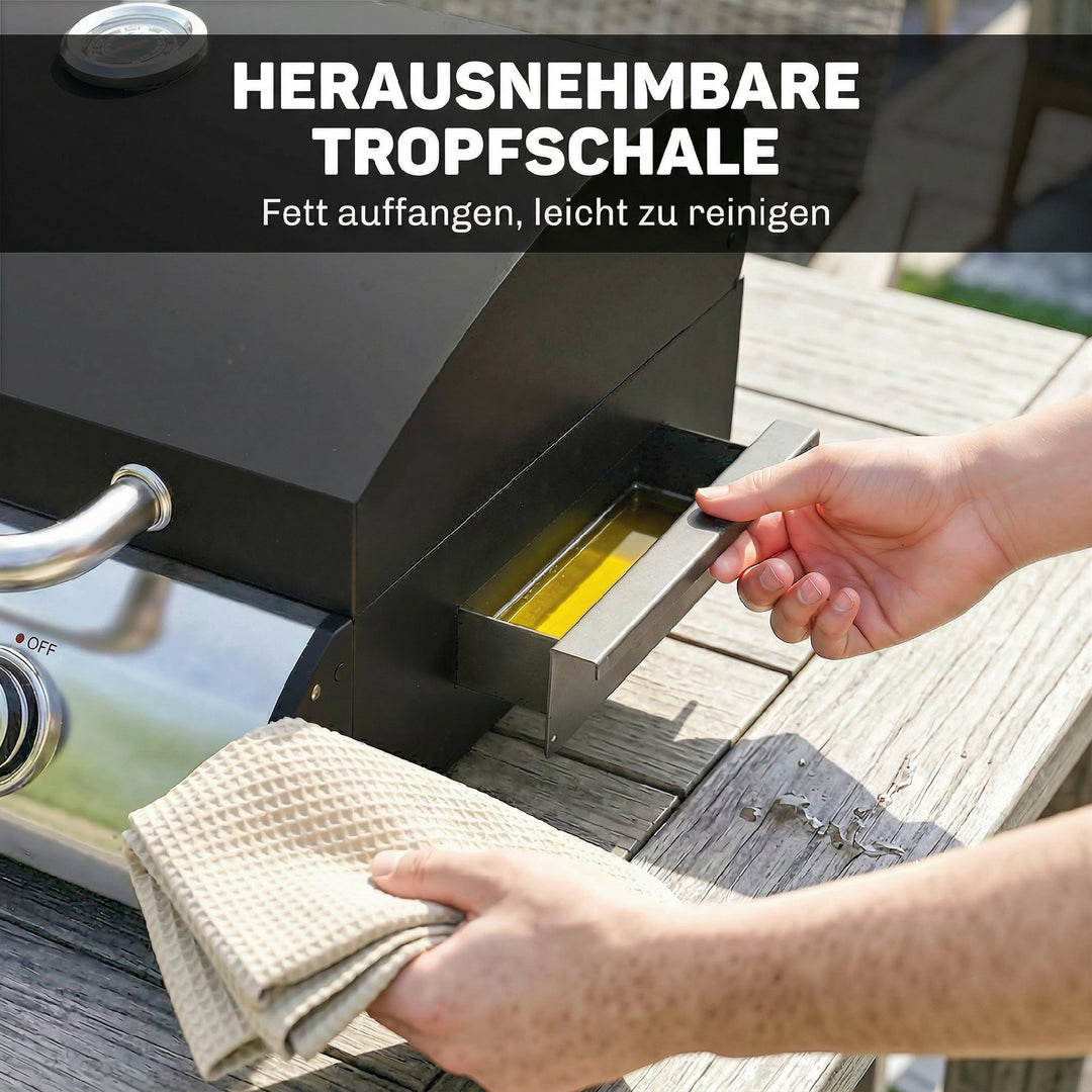 Gasgrill 7,5 KW Bærbar bordgrill med 3 brændere, sidebord, stegeplade, emaljerede grillriste, fedtbakke