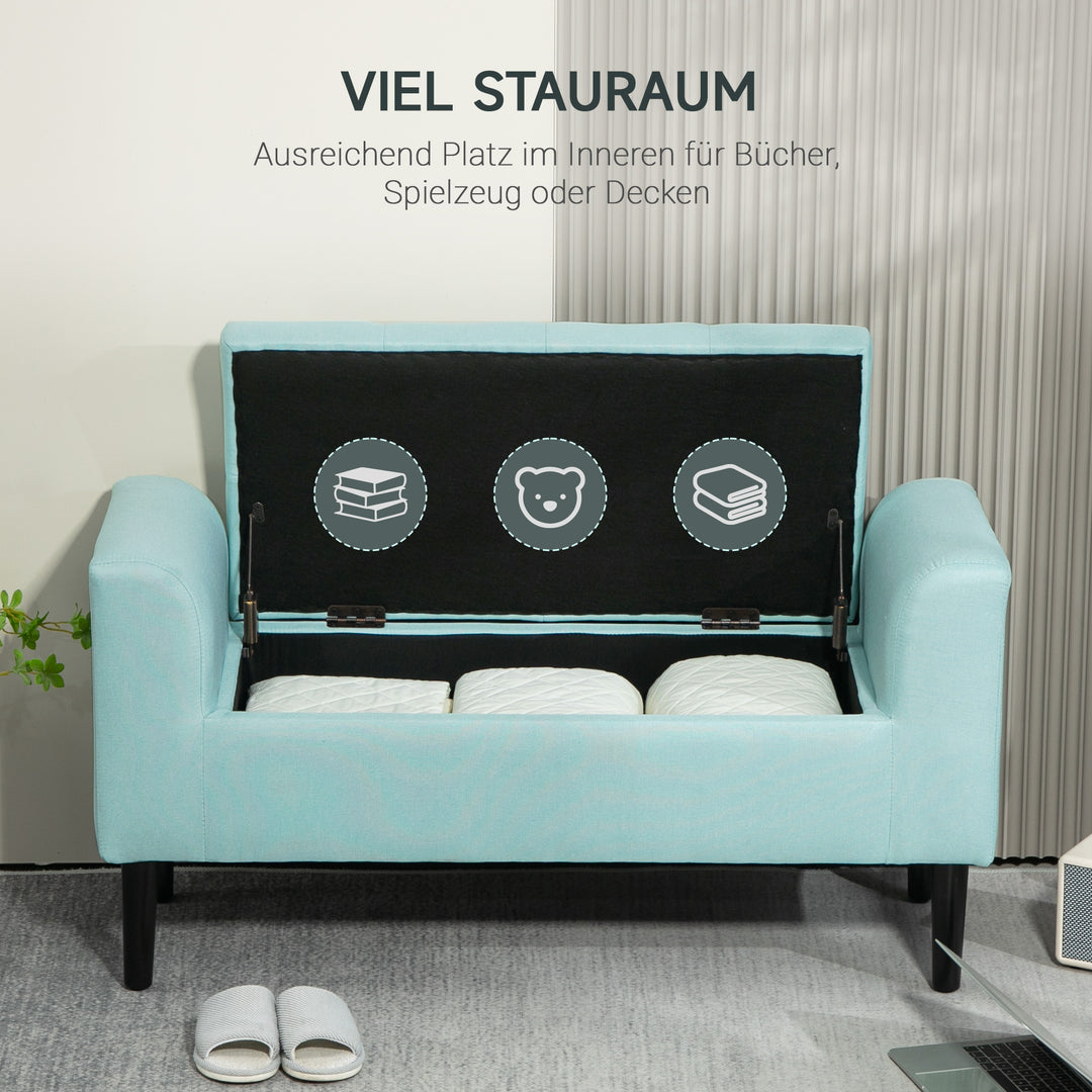 Bænk med opbevaringsplads, polstret bænk, lasteevne op til 130 kg, linnedlook, gummitræ, 116 x 44 x 58 cm, grøn