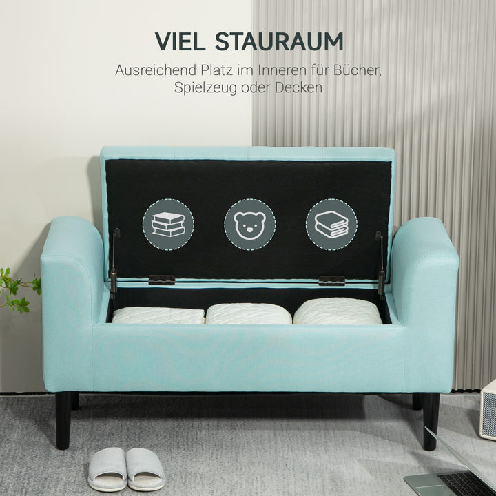 Bænk med opbevaringsplads, polstret bænk, lasteevne op til 130 kg, linnedlook, gummitræ, 116 x 44 x 58 cm, grøn