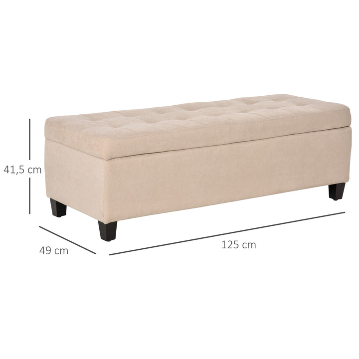 Polstret bænk med opbevaring, knapsyninger, op til 120 kg, 125 x 49 x 41,5 cm, beige