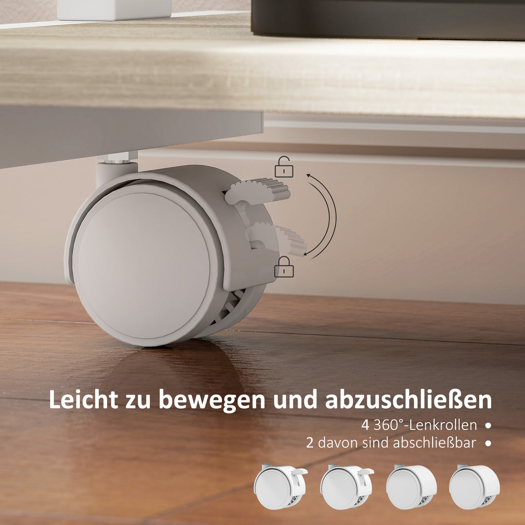 Skrivebord med rullebord og hylder, 4 hjul, kompakt, spånplade, metal