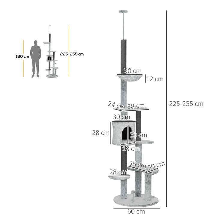 Kradsetræ med loftstrammer, hængekøje, hus, platforme, legebold, 225-255 cm, grå