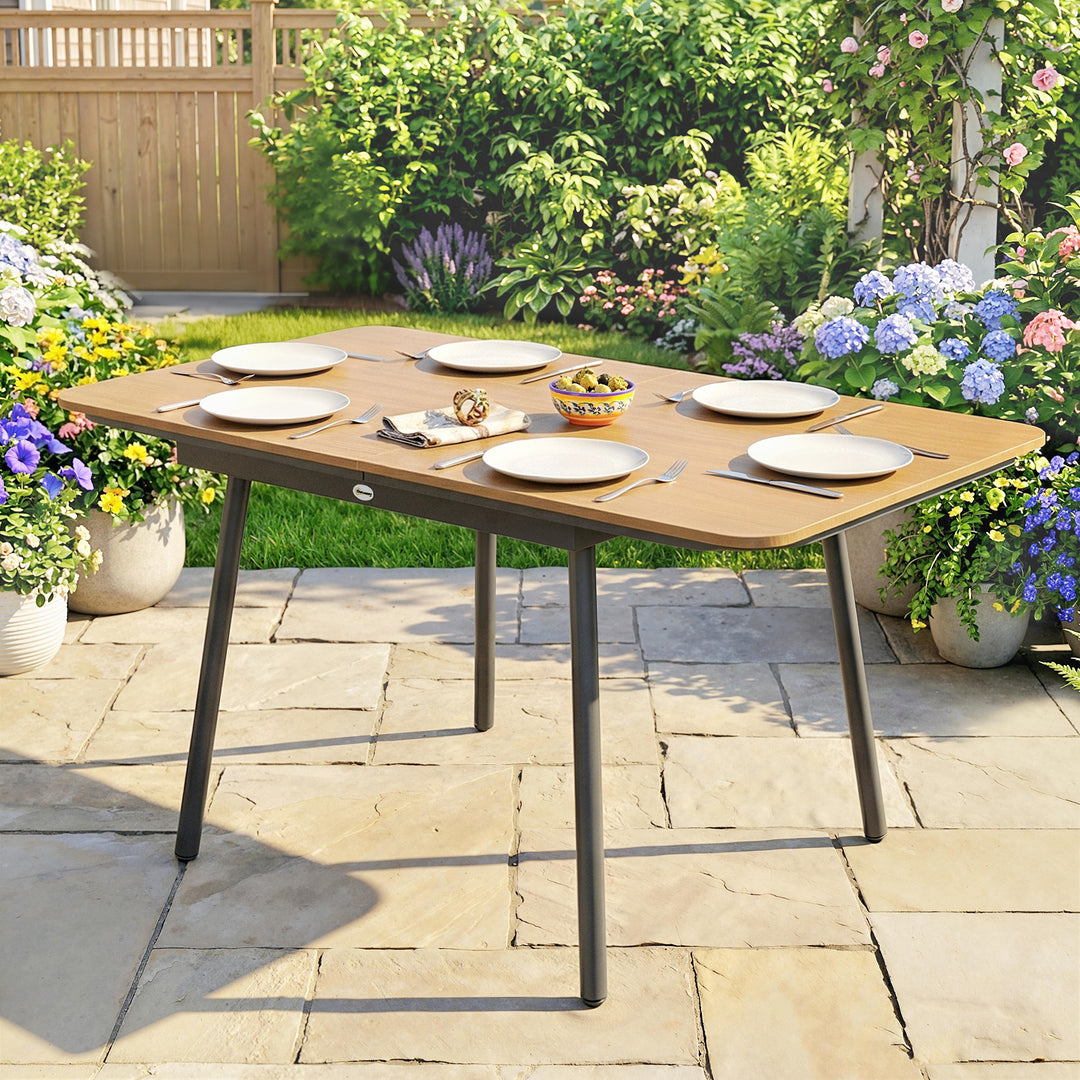 Havebord 140 x 80 cm til 6 personer, rustbestandigt udendørs spisebord med WPC-bordplade, justerbare fødder, teak