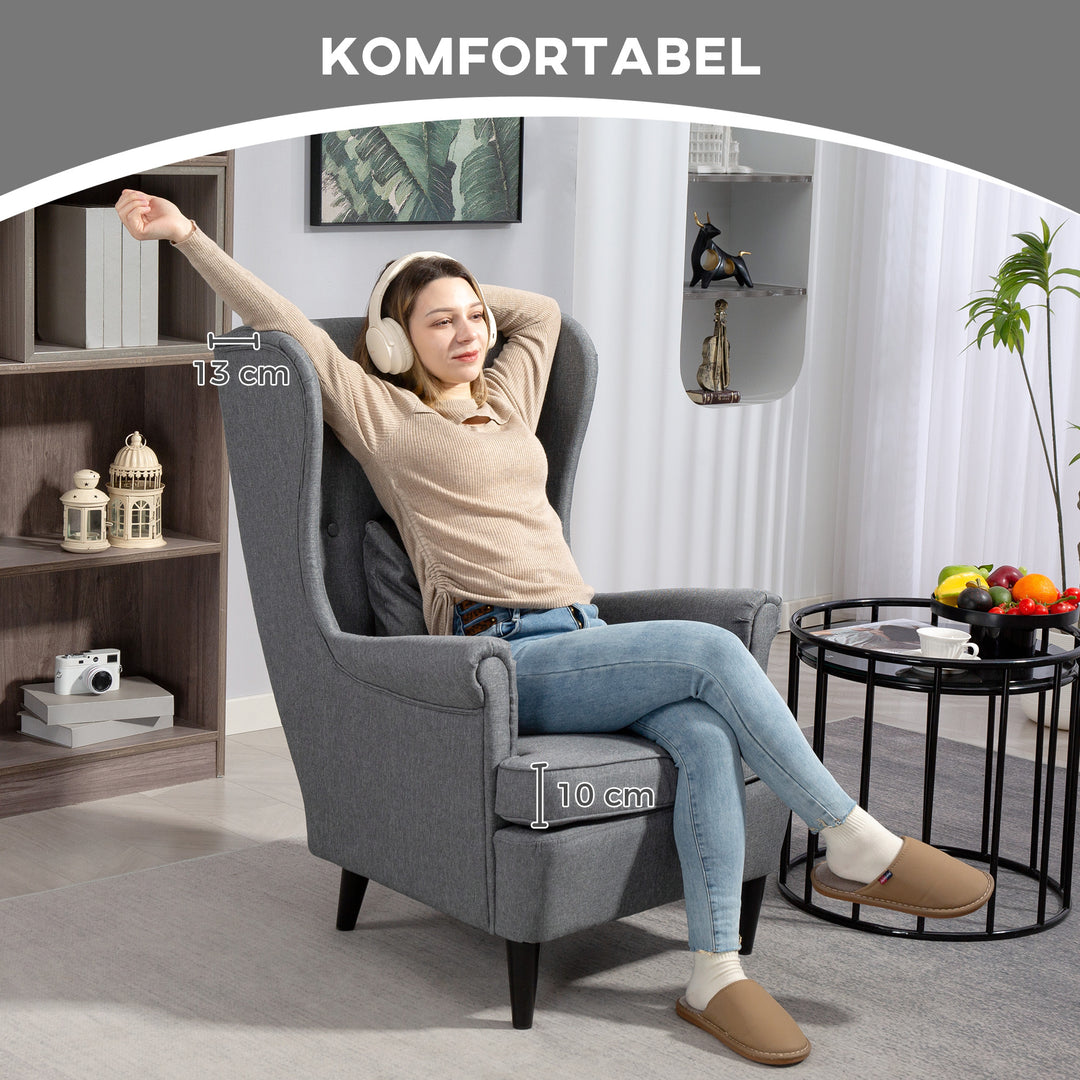 Wingback-stol med fodskammel, polstret stol med gummitræben, stofbetræk, grå