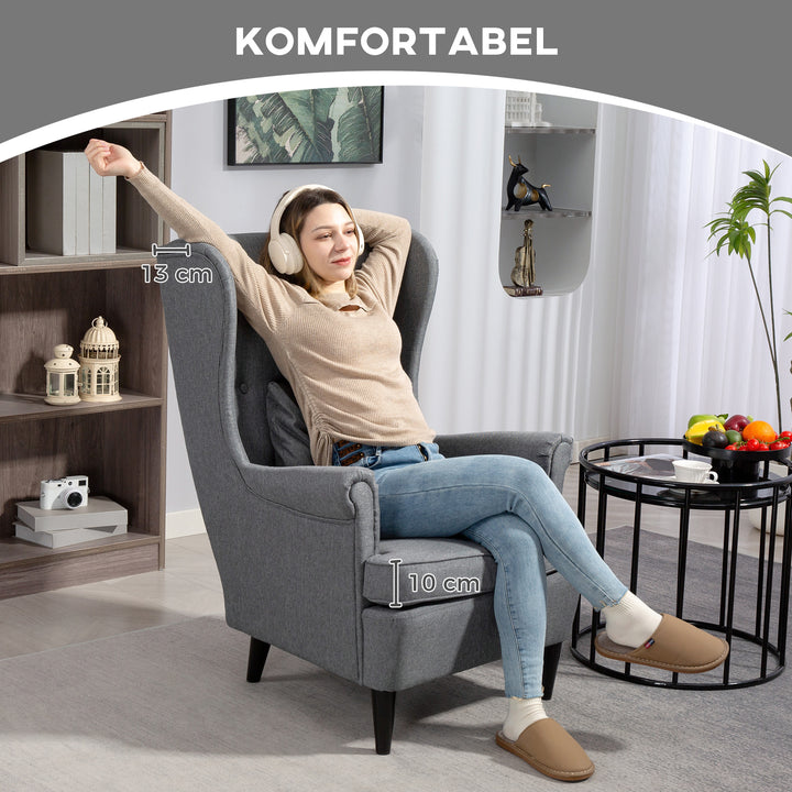 Wingback-stol med fodskammel, polstret stol med gummitræben, stofbetræk, grå