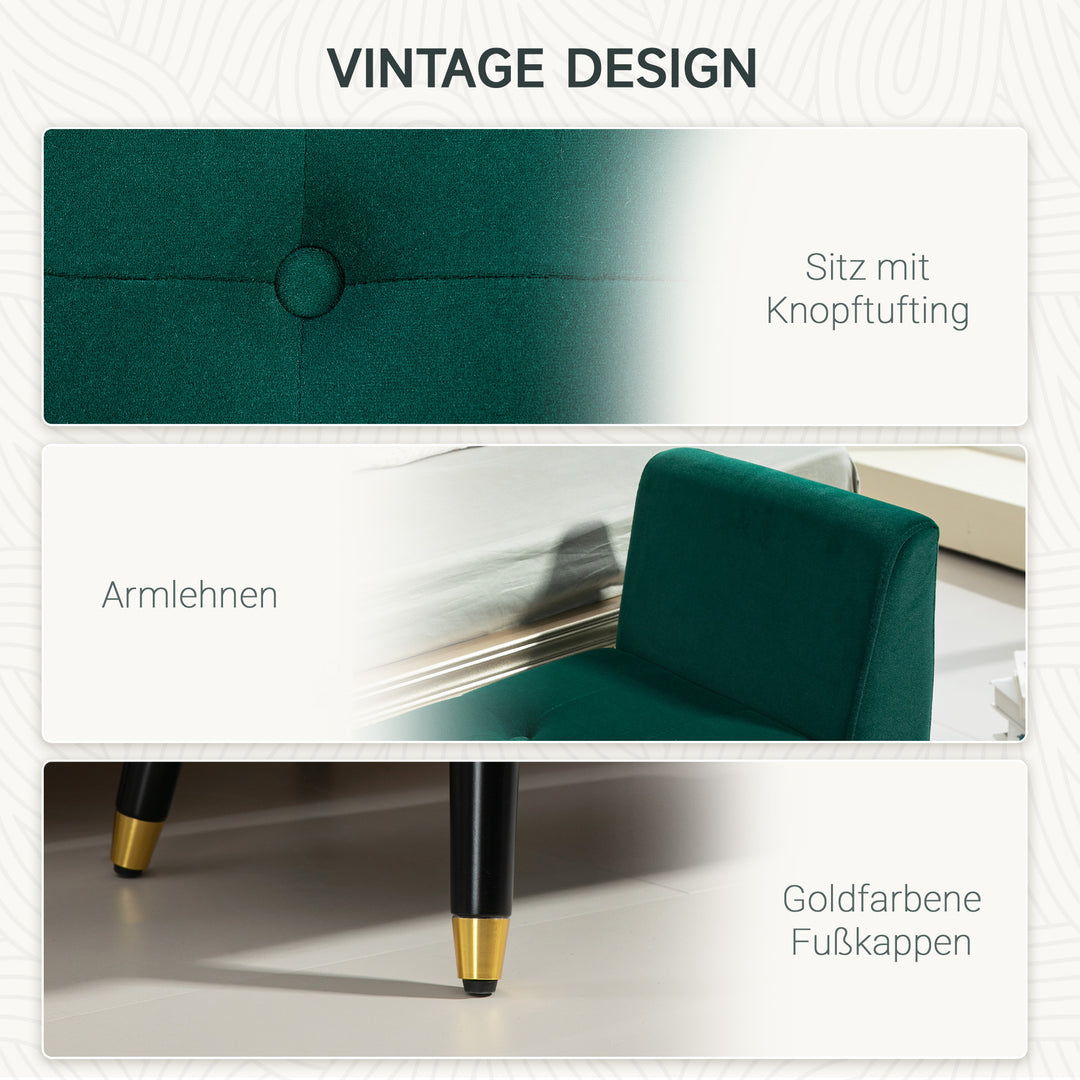 Polstret bænk med opbevaring, armlæn, fløjlspolyester, gummitræ, 107 x 42 x 65 cm, grøn