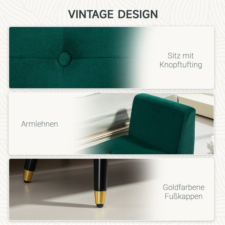 Polstret bænk med opbevaring, armlæn, fløjlspolyester, gummitræ, 107 x 42 x 65 cm, grøn