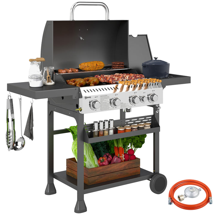 Gasgrill, BBQ-grill, 4 hovedbrændere, 1 sidebrænder, 1 varmeplade; 135 x 55 x 103 cm, sort