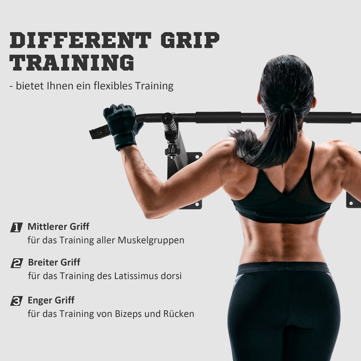 Væg- eller loftsmonteret pull-up-stang, belastningskapacitet op til 150 kg, multifunktionel pull-up-stang med skridsikre greb, øjer for sikker og stabil brug, stål, sort