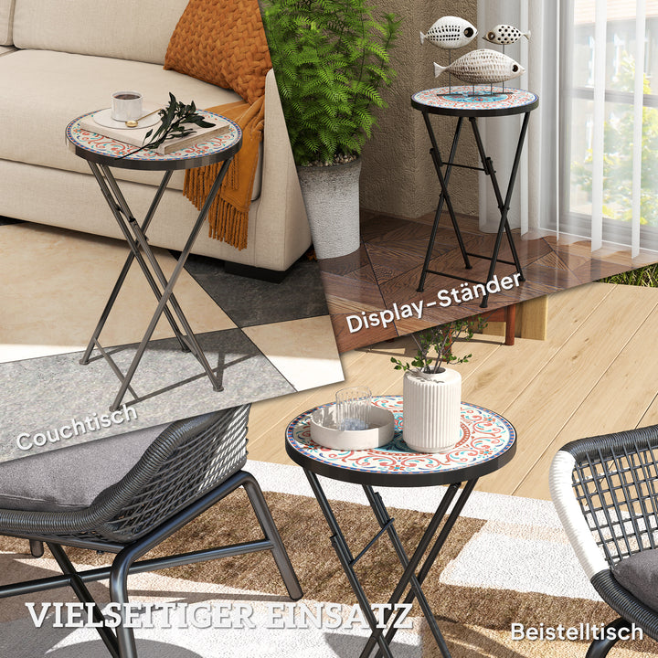 Mosaik havebord, foldbart rundt terrassebord med metalramme og keramisk bordplade, mosaikmønster, flerfarvet