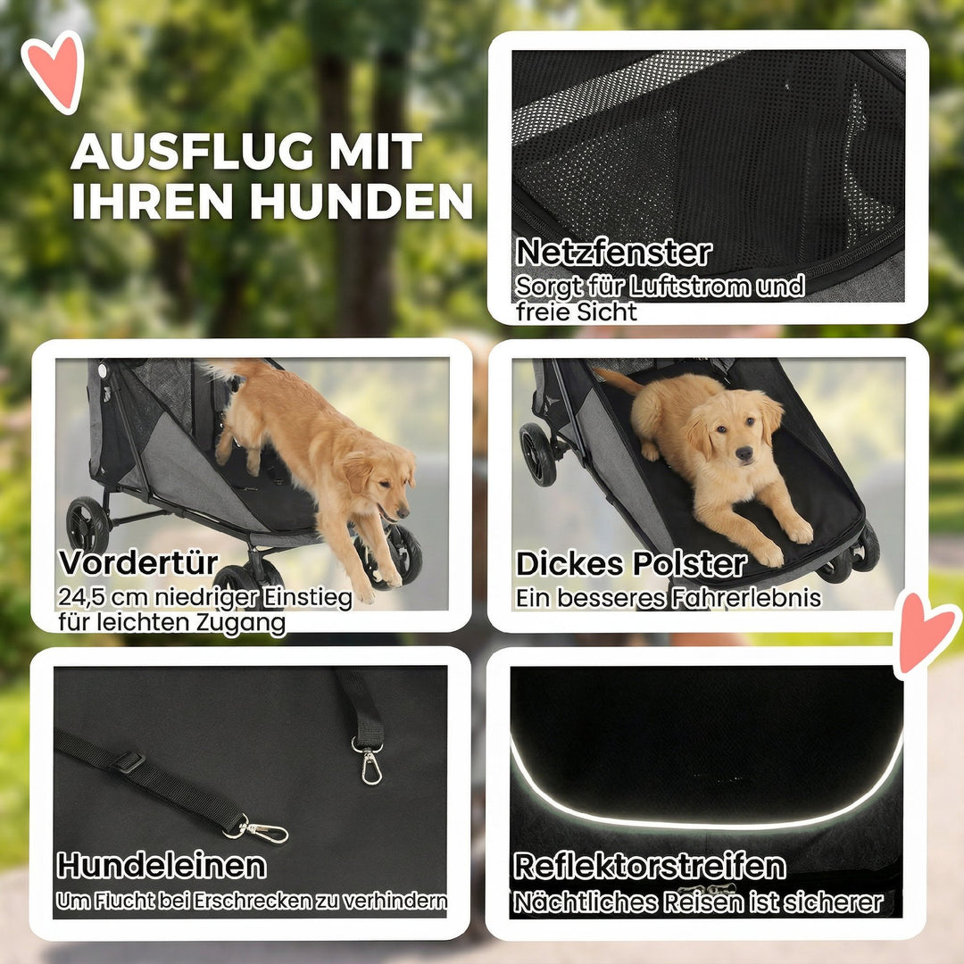 Sammenklappelig hundevogn/klapvogn til store hunde op til 30 kg med 360° drejelige hjul, netvindue, hynde, justerbart håndtag, grå